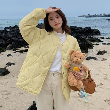 Autumn Winter Quilted Jacket Women Cotton Coat Warm Parkas Single-breasted Long Sleeve Design O-neck Outerwear Black Blue Yellow