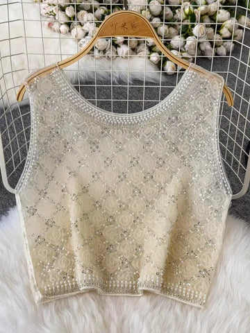Thai Sexy Vest Sling High-Quality Sequined Bead Sleeveless Top 2025 Summer Elegant Fashion Round Neck Slim Base Shirt Tank Women
