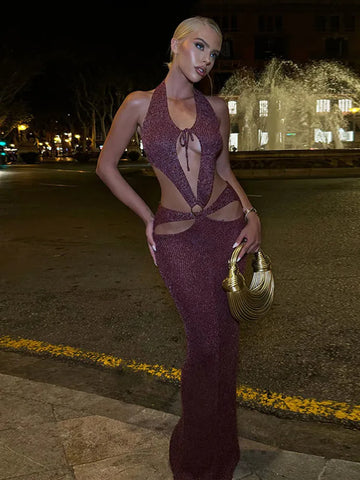 Hollow Out Hanging Neck Knit Dress Woman Lace Up Solid Color Sleeveless Long Dresses Chic Backless Beach Vacation Women's Robe