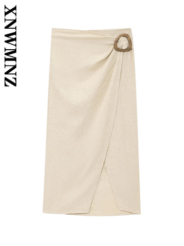 XNWMNZ 2025 Summer New Woman's Fashion High Waist Midi Skirt Classic Lady Solid Color Bottoms Ruffles Regular Fit zipper