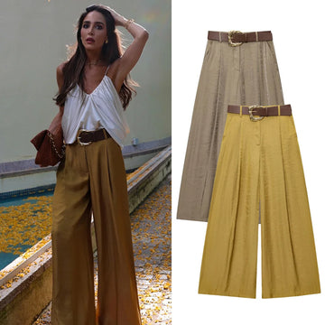 Women's Solid Color Temperament Matching Belt Satin Textured Wide Leg Casual Pants