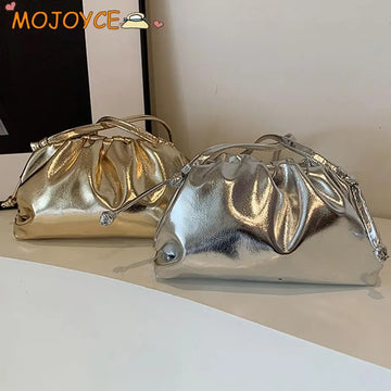 Small Luxury Design Women's Soft PU Leather Gold Silver Cloud Hobo Bag Elegant Dressy Handbag Ruched Dumpling Party Clutch Purse