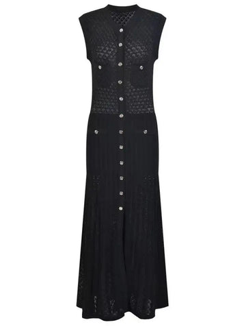 Ladies 2024 Summer Black Sexy Sleeveless O-neck Single Breasted Knit Dress Women Green Elegant Slim Fashion Pleated Long Dresses