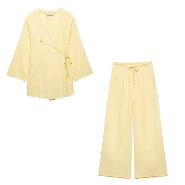 HipSeam Women Pants Set Casual Kimono Style Shirt With Lace Up Elastic Waist Drawstring Wide Leg Pant Two Piece Set Women Outfit