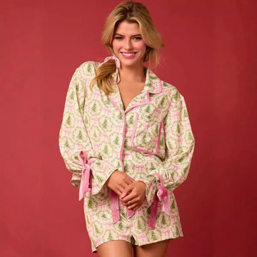 Women's Christmas Pajama Set Santa/Tree Print Lapel Neck Button-up Long Sleeve Tops + Shorts 2-Piece Loungewear Outfit