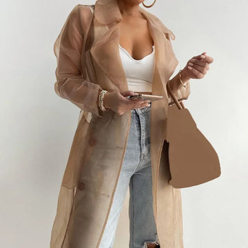 Elegant Shirts Trench Coat for Women Fashion See Through Lace Up Spring Solid Sheer Mesh Long Sleeve Buttoned Coat with Belt