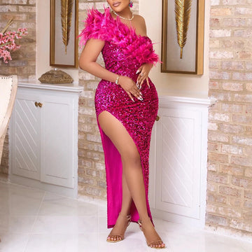 Sexy Dresses for Woman One Shoulder Sequined Feather Side Split Floor Length Elegant Evening Night Party Birthday Vestidos Mujer