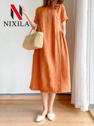 New in Spring Summer Women's Dress Elegant Casual Loose Short Sleeve Tops A-LINE Oversize Solid Midi Dresses for Women Clothing