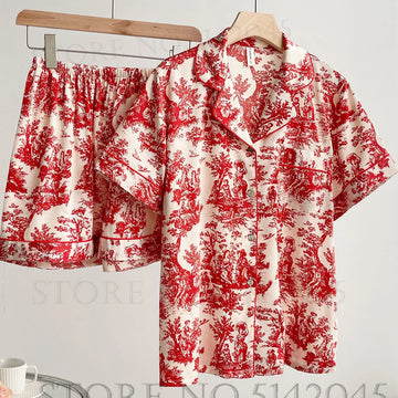 Summer Women Short Sleeve Pajamas Set Shorts Loungewear Sexy Print Satin Nightwear Pijamas Suit Loose Pyjama Pour Femme Homewear