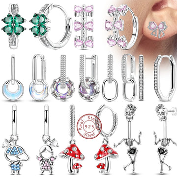 Hoop Earrings New Original 925 Sterling Silver Sweet Heart Bow Round Zircon Studs Drop Earrings For Women Girl Fine Jewelry