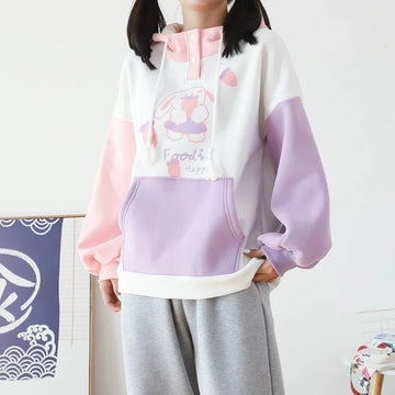Fleece Women Hoodies Harajuku Print Patchwork Hooded Sweatshirts Long Sleeve Thick Drawstring Female Pullovers Tops