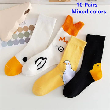 10 Pairs Cartoon Women Socks Fashionable And Versatile Cute Design Funny Goose Breathable Soft Comfortable Women Casual Socks
