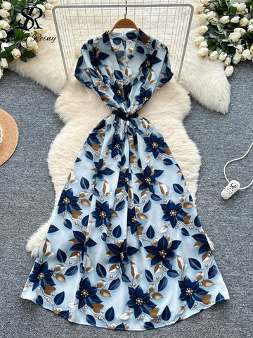 SINGREINY Summer Trendy Vintage Print Dress Female V Neck Lace Up Slim Floral Dress High Quality Vacation Style Long Sundress