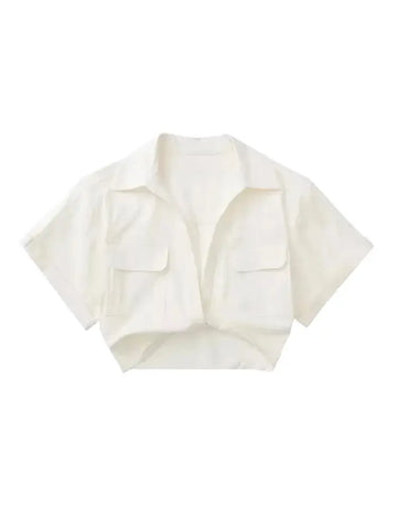 TRZA Women Fashion Front Knot Elastic Linen Cropped Shirts Vintage Short Sleeve Patch Pockets Female Blouses Blusa Chic Tops