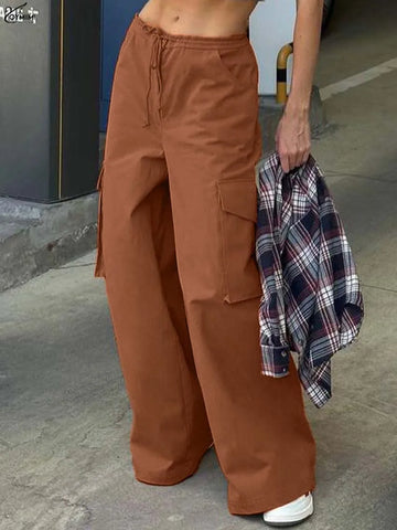 Oymimi Fashion Orange Loose Women's Pants Elegant Mid Waisted Drawstring Cargo Pants Casual Pockets Solid Trousers Streetwear