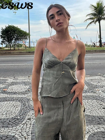 Elegant Strap Top Loose Pants Set Women Solid Tube Top Sleeveless Vest Wide Leg Straight Trousers 2025 Summer Fashion Outfit