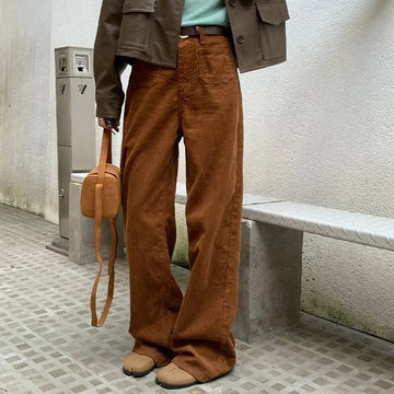 Corduroy Loose Straight Leg Pants Women's Casual Trousers Spring Autumn Outerwear High Waist Versatile New 2025 Model