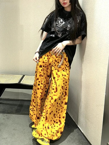Vintage Leopard Wide Leg Pants Women 2025 New Bottoms Streetwear Pantalon Femme Casual Fashion Harajuku Straight Y2k Trousers