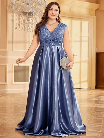 Plus Size Luxury Gold Satin V-Neck Evening Dress Women Sequin Wedding Party Prom Floor Lenght Cocktail Dress Gowns