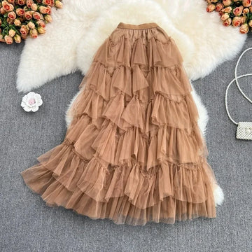 Fashionable Medium-length Elastic Mesh Skirt Elegant Irregular Pleated Skirt For Women Summer Loose Fitting Cake