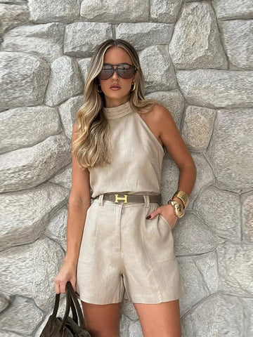 Cotton Linen Shorts Sets For Women Elegant Sleeveless Chic Vest High Waist Shorts 2 Pieces Sets Office Lady Street Outfits