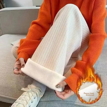 High Waist Fleece Lined Casual Wide Leg Pants Women's Khaki Autumn Winter New Style Drapey Straight Cut Small Size Friendly