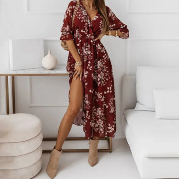 Women's Boho Floral Printed V-Necl Chiffon Split A-Lined Midi Dress Summer Fashion Ladies Vacation Holiday Party Sundress S-2XL
