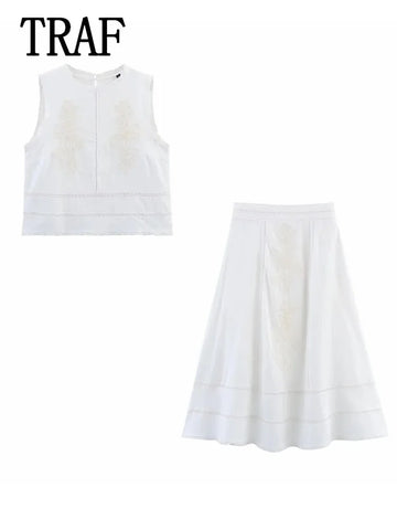 TRAF 2025 New Embroidery Skirt Sets Women 2 Pieces Fashion Sleeveless Vest Top Women Suit Casual Two Piece Set Women Outfit