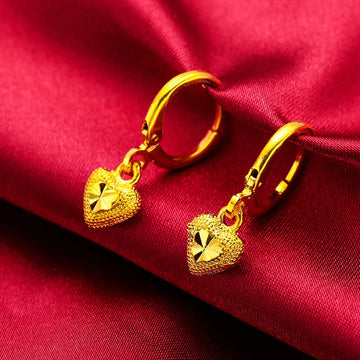 Drop-Heart Coin Stud Earrings for Women (24K AU999) - Double-Lined Drop Outline, Shiny-Matte Mix, Travel Wear, Natural Fluidity