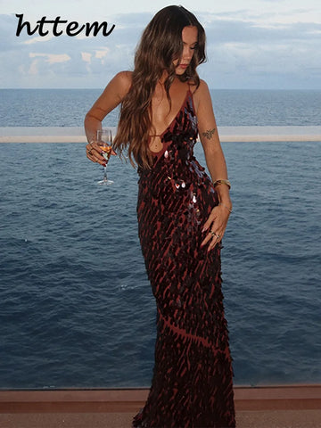 Sexy Hollow Out Sequined Long Party Dress Women V-neck Sleeveless Backless Sling Dresses 2025 Summer Lady Beach Holiday Robes