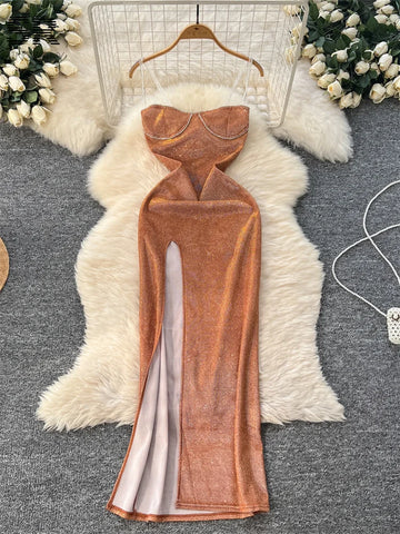 SINGREINY Shinny Party Dress Split Strapless Sleeveless Design Elastic Bodycon High Quality Woman Sexy Beading Long Dresses
