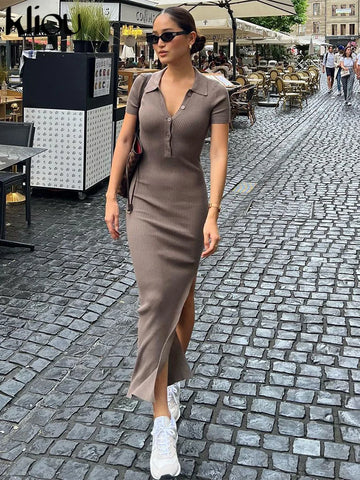 Elegant Office Lady Maxi Dress Women Solid Fashion Turn-down Collar Short Sleeve Button Side Slit Body-Shaping Street Robe