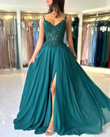 Green Chiffon Evening Dress Women Elegant Applique Suspenders Deep V-neck Backless Bridal Formal Long Ball Gowns Pageant Dress