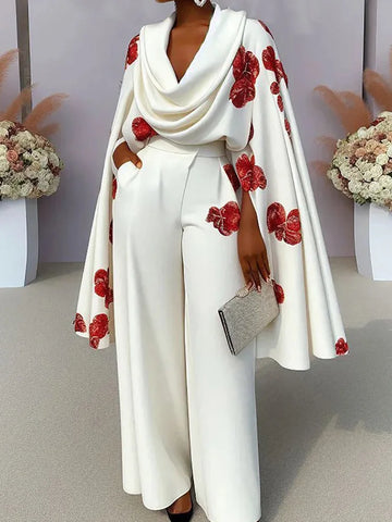 Women Pile Collar Fashion Two Pieces Sets, Button Fly Wide Leg Pants Simple Outfit, 2025 Spring Autumn Long Sleeve Ladies Suits