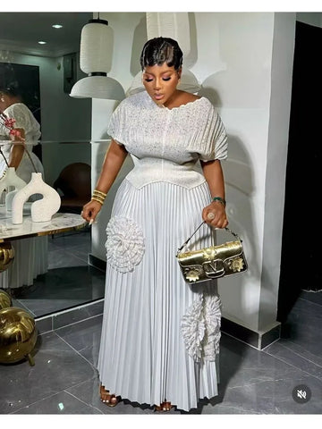 2 Piece Sets Woman Outfit Luxury Elegant Plus Size Pleated Tops and Skirts Women Casual Luxury Party Clothing Female Long Skirt
