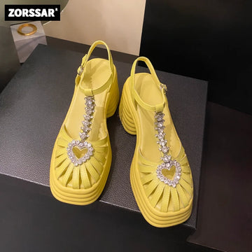 2024 Women's High Heels Roman Sandals Fashion Rhinestone Women's Chunky Heels Genuine Leather Women's Gladiator Sandal