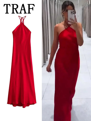 2024 Halter Long Dresses for Women Backless Satin Dress Woman Off Shoulder Sexy Midi Dresses Elegant Evening Party Dress