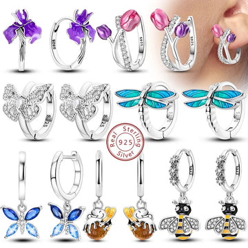 New 925 Sterling Silver Hoops Earrings Colorful Flower Butterfly Bee Drop Earring For Women Birthday Party Fashion Jewelry Gifts