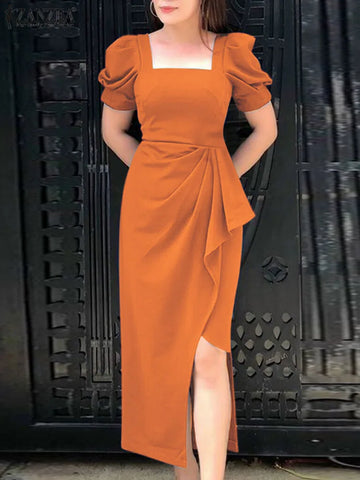 ZANZEA 2025 Summer Elegant Women Sexy Vestidos Long Dress Square Neck Evening Dress Asymmetrical Puff Short Sleeve Robe Femme