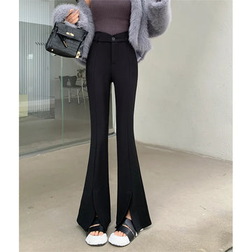 Spring Summer Casual Korean Black High Waist Wide Leg Pants Female Simplicity Elegant Solid Color Elastic Waist Flare Women Pant