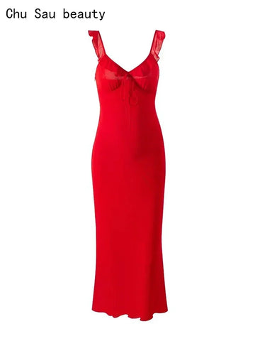 2024 Women New Fashion Sweet Bow Lacing Chic Ruffles Strap Long Dress Sexy V-Neck Backless Vintage Sleeveless Party Dresses