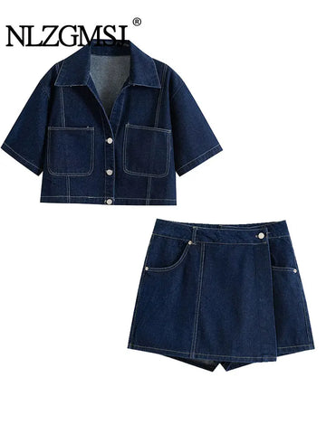 TRAF 2025 Summer Women's Casual Sets Fashion Mini Skirts Shorts Sets Denim Short Shirt Top Sets For Women Street Women Outfit