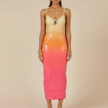 Sexy Women V Neck Starfish Suspender Dress Summer Fashion Sequin Slim Split Long Dresses Elegant Gradient Sleeveless Party Dress