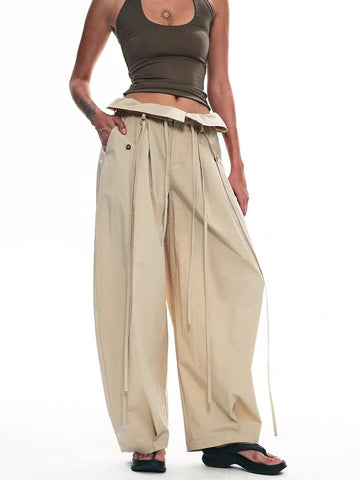 Loose wide-legged pants temperament high street high waist tie leisure women's pants 2025 summer new