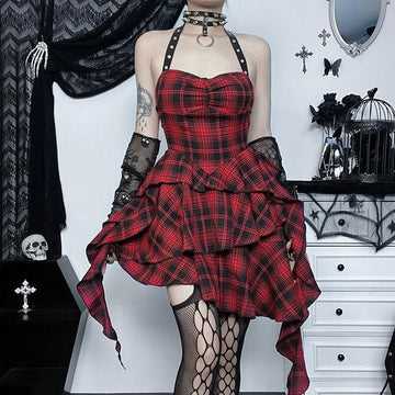 Red Women's Punk Grunge Layered Halterneck Plaid Mini Dress Off-Shoulder Irregular Hem Y2k E-girl Streetwear