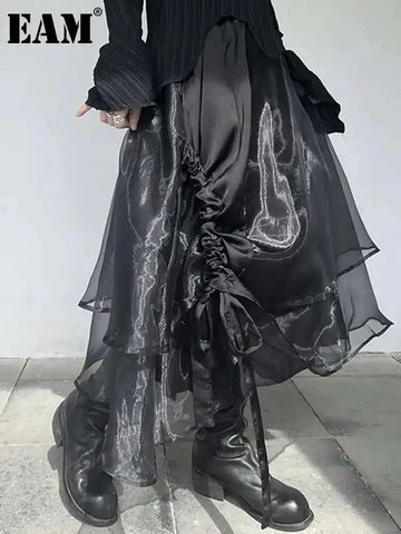 EAM High Elastic Waist Irregular Organza Long Casual Black Half-body Skirt Women Fashion Tide New Spring Autumn 2025 1DF8320