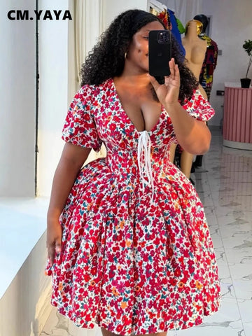 CM.YAYA 2025 Women V-neck Short Sleeve V-neck Pleated Mini Midi Dress Floral Print Elegant Birthday Beach Party Vestidos Dresses