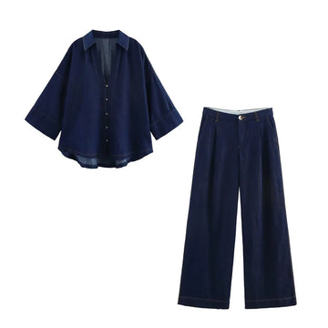UNIZERA 2025 Women Denim Set Loose Fit Button Down Shirt With Wide Leg Pants Fashionable Casual Wear for Women