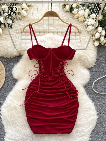SINGREINY Women Sexy Folds Sheath Dress Sleeveless Bandage Design Slim Dresses Fashion Hollow Out Sensual Camis Club Print Dress