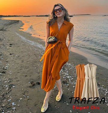 TRAFZA Holidays Chic Belt Dress Women's Lapel Sashes Sleeveless Long Dress 2025 Fashion Summer Elegant Casual Mujer Dress